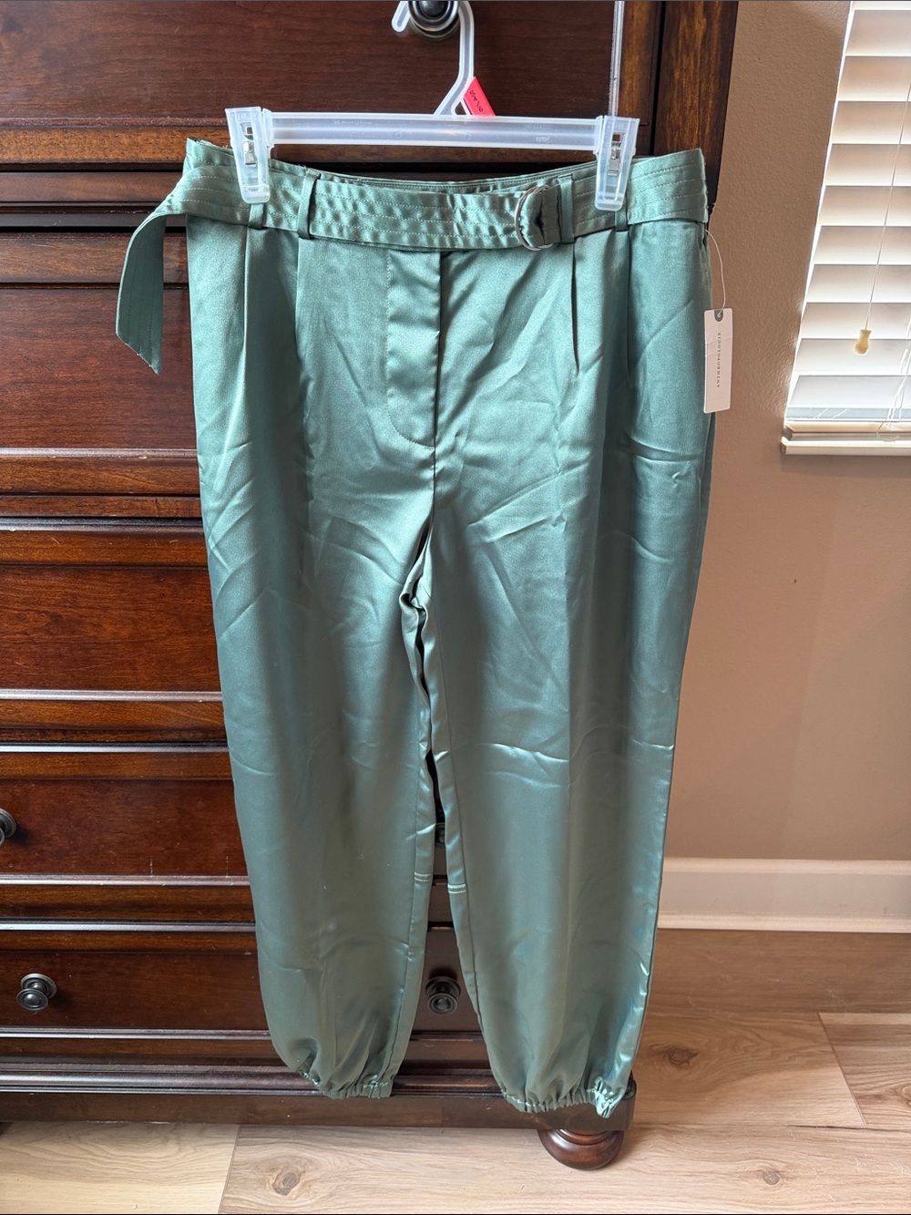 NWT Anthropologie Maeve Parachute Satin Belted Green Joggers